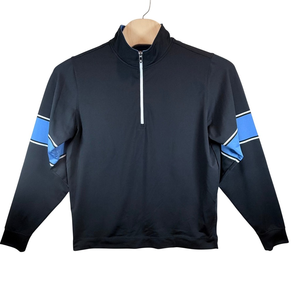 FootJoy 1/4 Zip Pullover Mens Large Black Blue Stripe Performance Golf Sweater